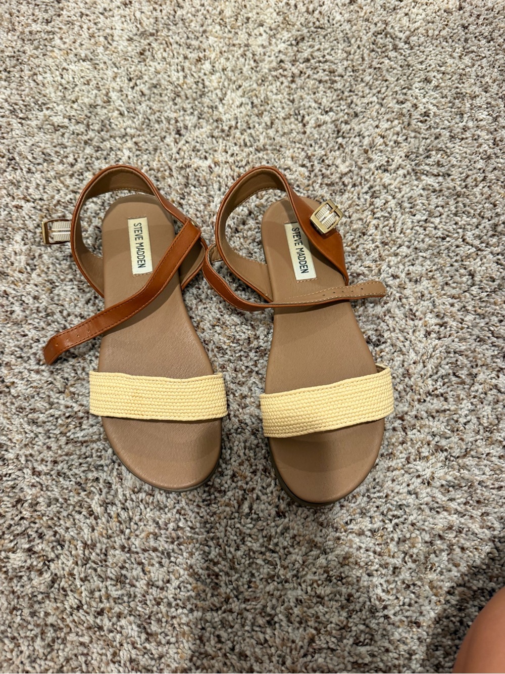 Steve Madden Tan Sandals with Cream Woven Front Strap